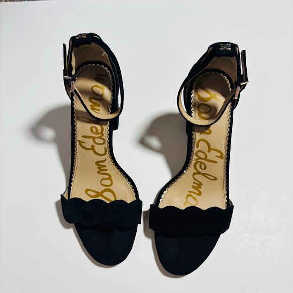 Sam Edelman Suede Scalloped Block Heel Sandals – Black Ankle Strap Heels - Picture 2 of 9
